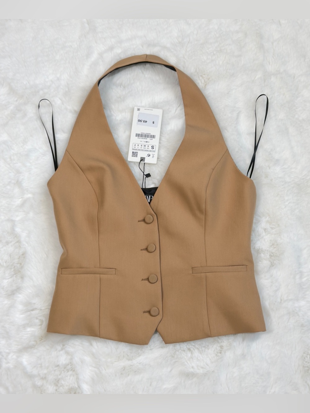 ZARA Tan Halter Vest Top with Covered Buttons